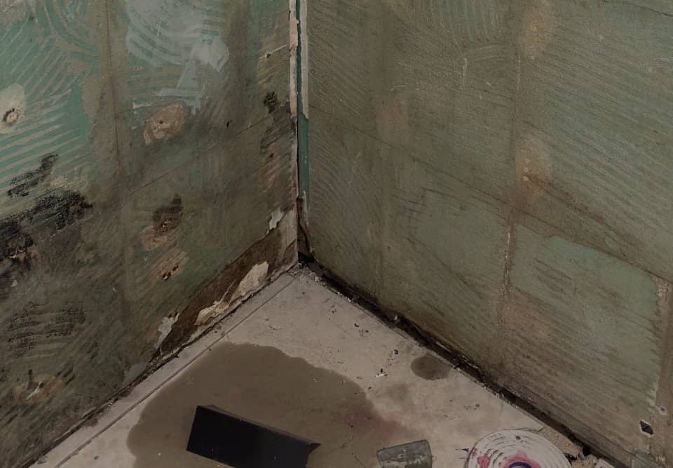 Shower stripped back to bare substrate exposing the failed waterproofing and water-stained walls behind the tiles