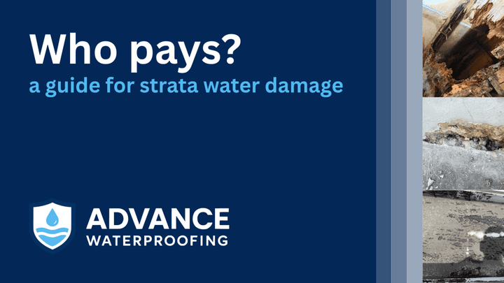 Advance Waterproofing guide cover: Who pays for strata water damage, with photos of rotted timber and failed waterproofing