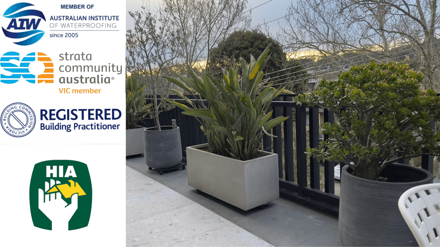 Advance Waterproofing credentials (AIW, Strata Community Australia, VBA Registered Building Practitioner, HIA) beside a tiled Melbourne rooftop balcony with planter boxes
