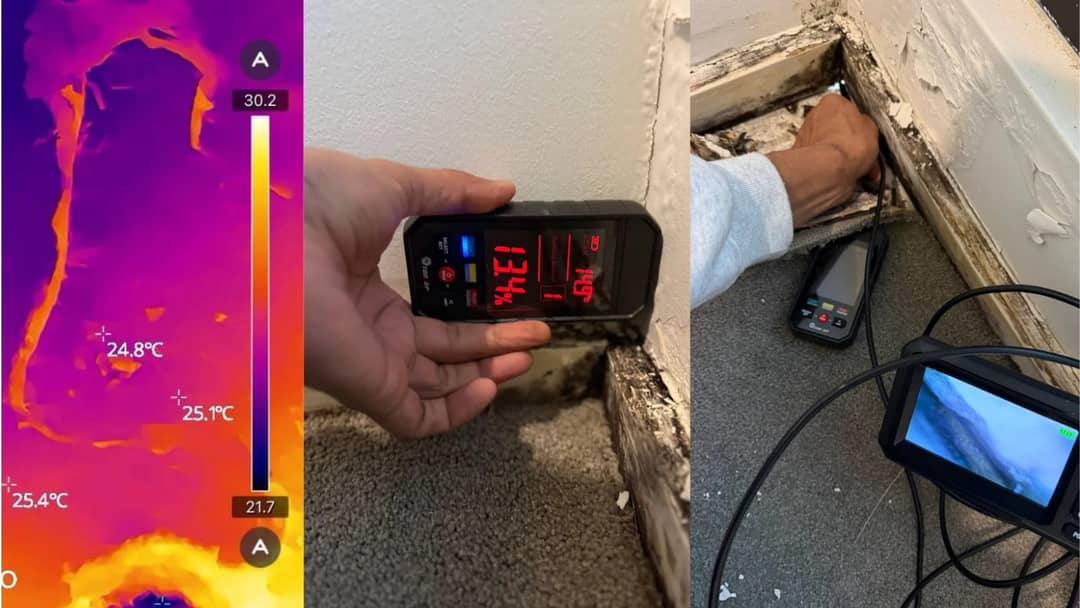Leak detection on a balcony using a thermal imaging camera, a moisture meter reading, and a cavity camera