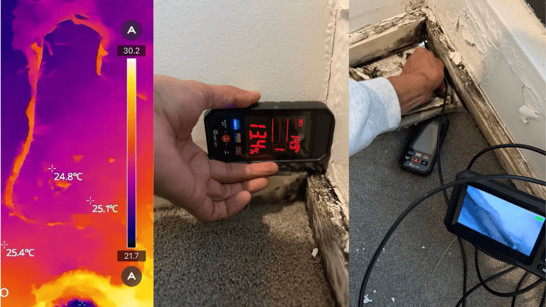 Series of leak detection equipment being used to trace a leak