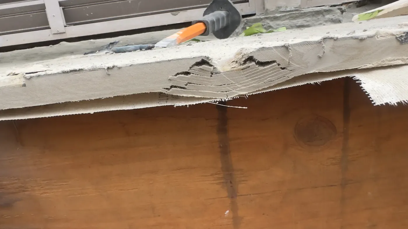 Ceiling lining removed to reach the damaged structure
