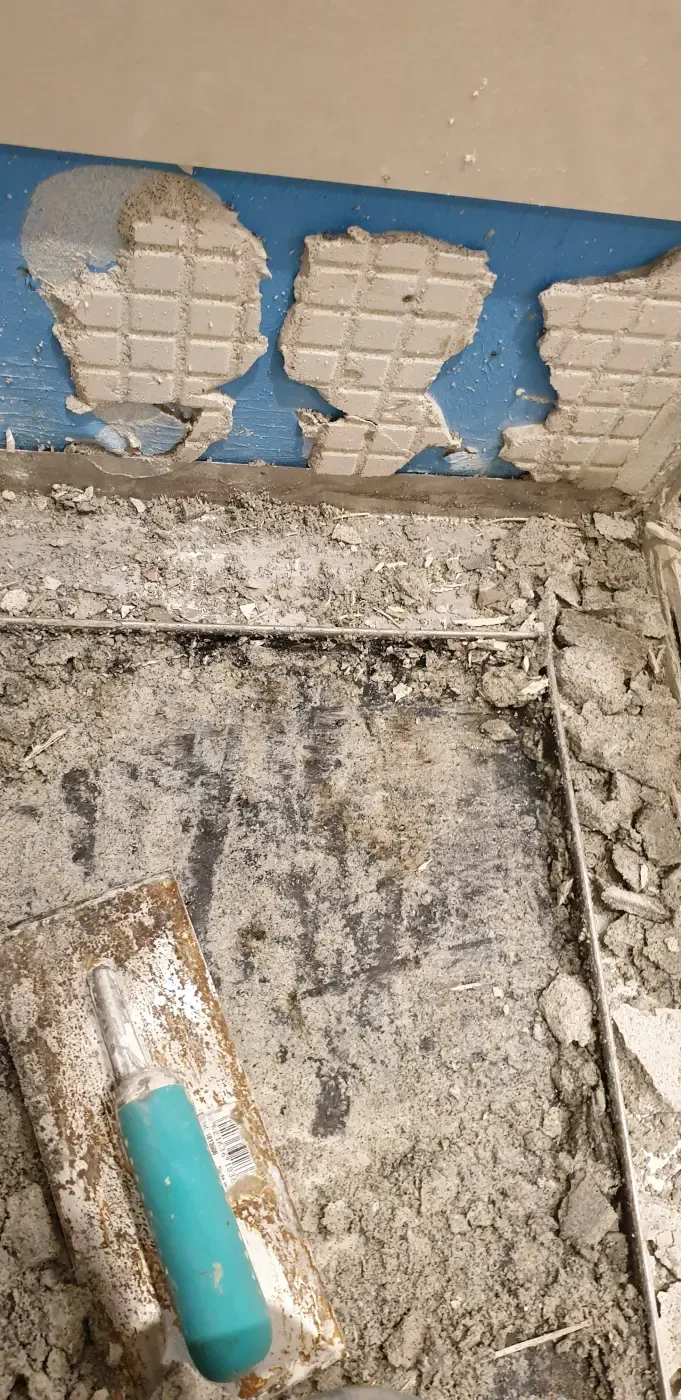 Bathroom stripped back to the substrate with the original waterproofing exposed